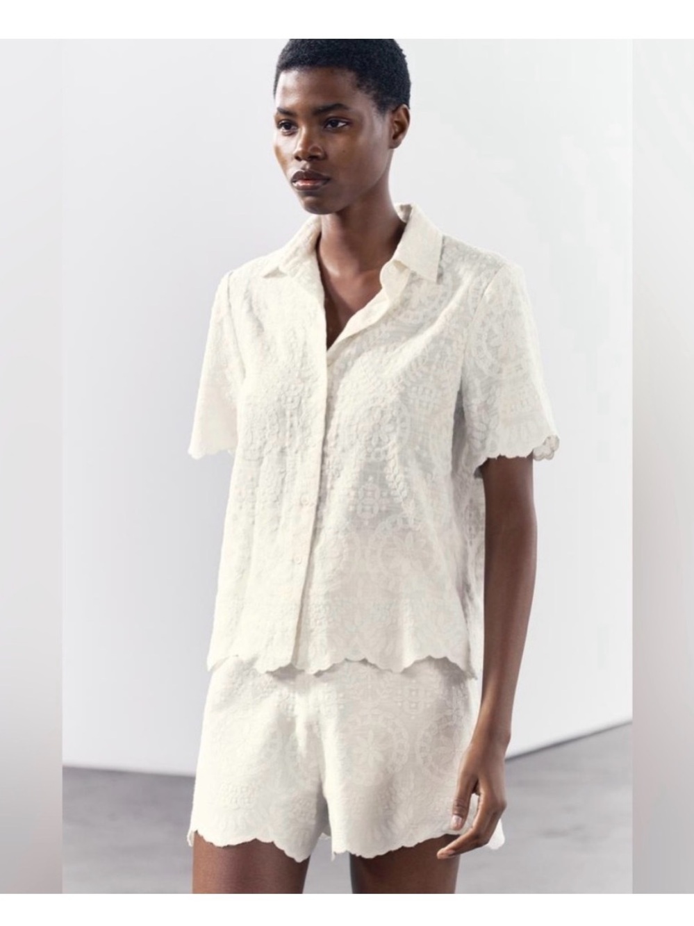 Zara blogger favorite Women's Cream Lace Short-Sleeve Button Shirt